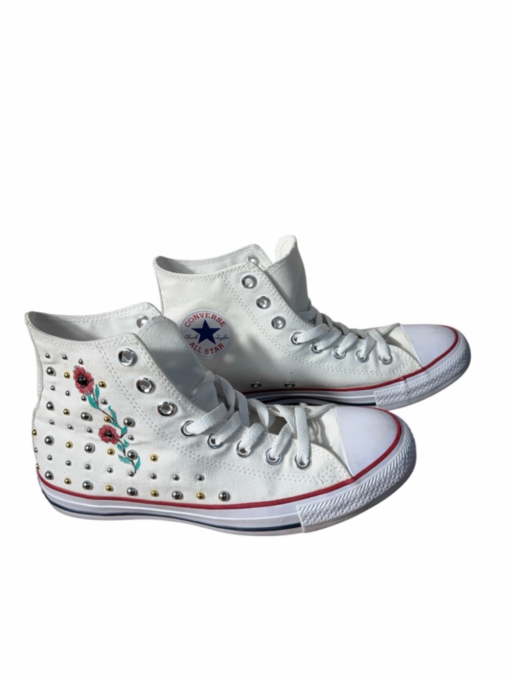 Converse Custom Studded White High Top Sneakers With Floral Detail Women's 9 - Picture 3 of 10